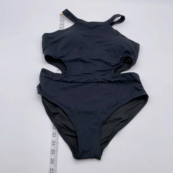 Holipick Black One-Piece Monokini‎ Swimsuit High Neck Cutout Snap/Hook Closure - Picture 13 of 17